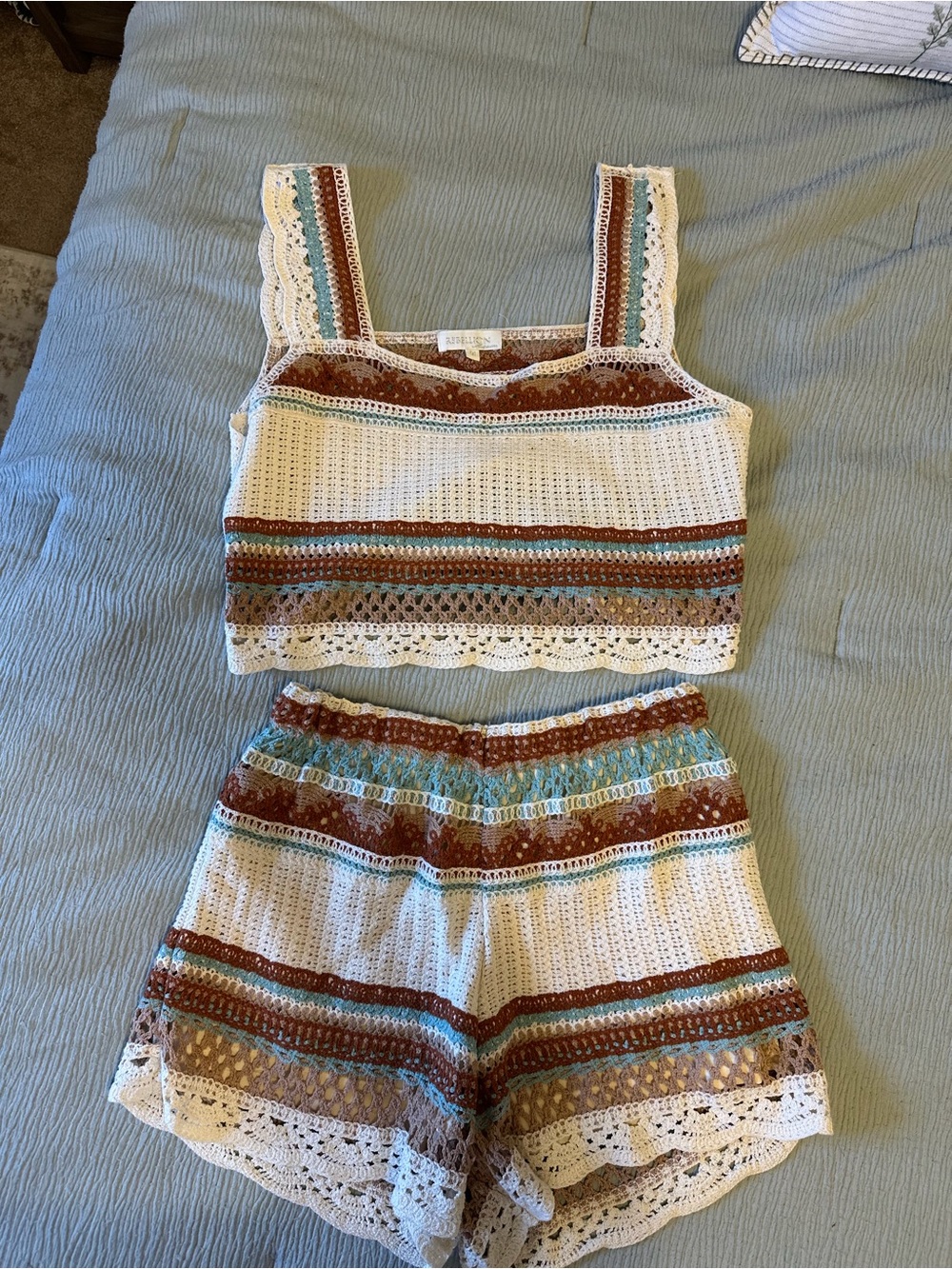 Rebellion Crochet Two-Piece Set in White, Brown & Teal - Picture 2 of 3